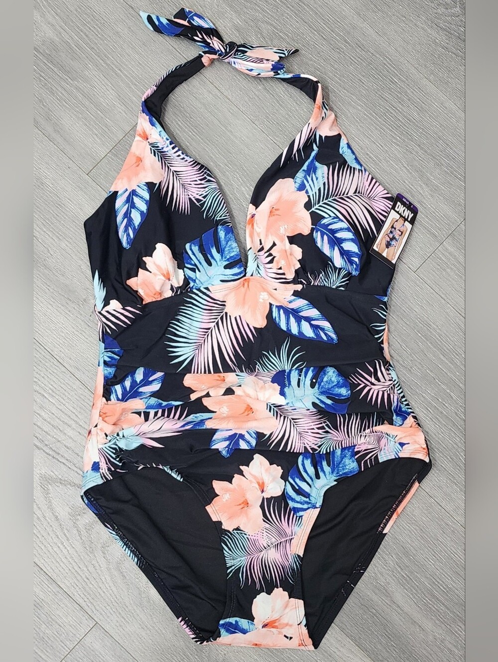DKNY Women’s XXL One Piece Halter Swimsuit Tropical Floral Black NWT - Picture 2 of 7